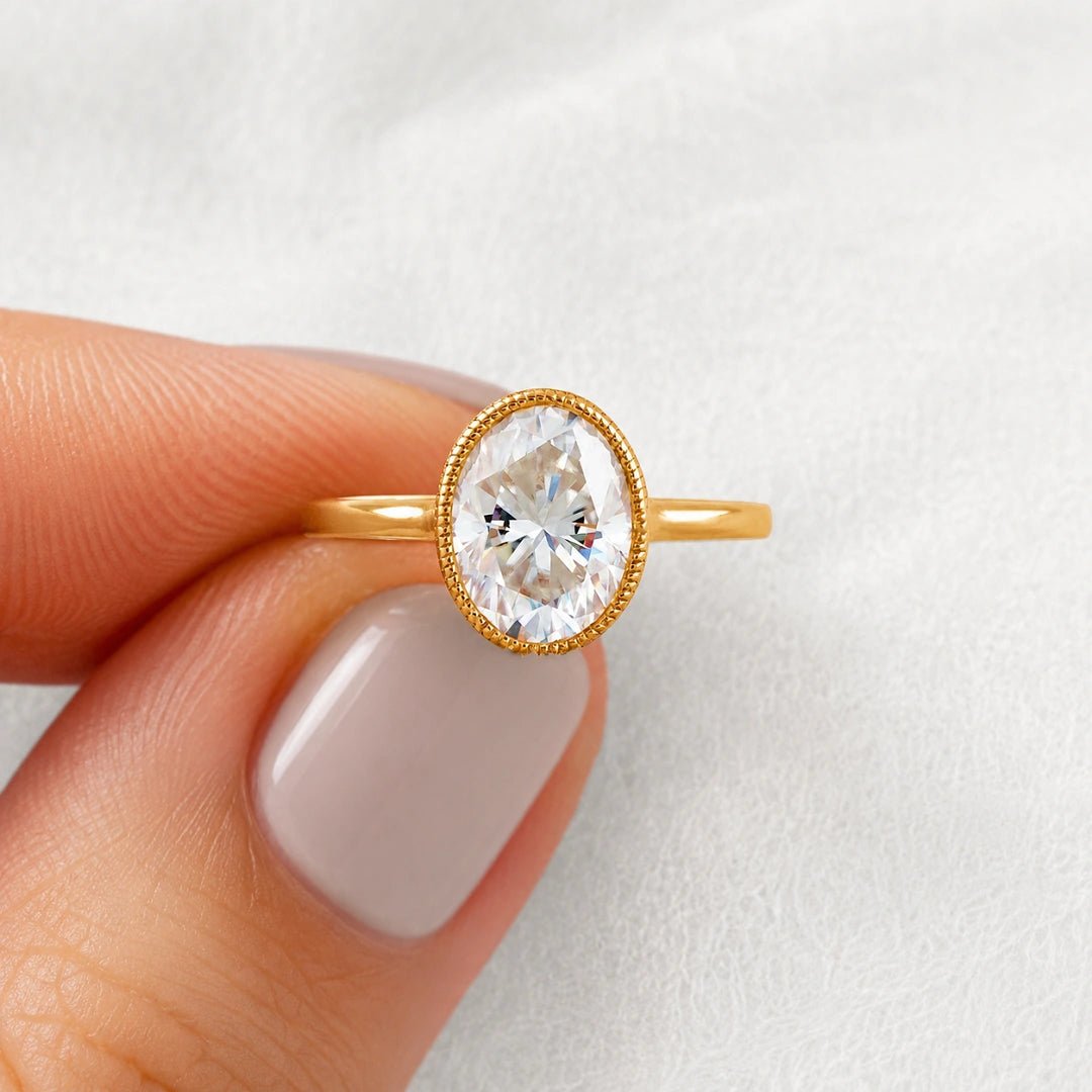 2.5 Ct Oval Lab Grown Diamond Bezel Engagement Ring in 14K Yellow Gold - Riant Fine Jewelry LLC