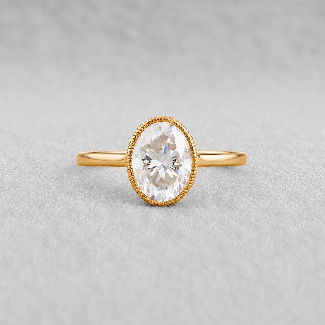 2.5 Ct Oval Lab Grown Diamond Bezel Engagement Ring in 14K Yellow Gold - Riant Fine Jewelry LLC