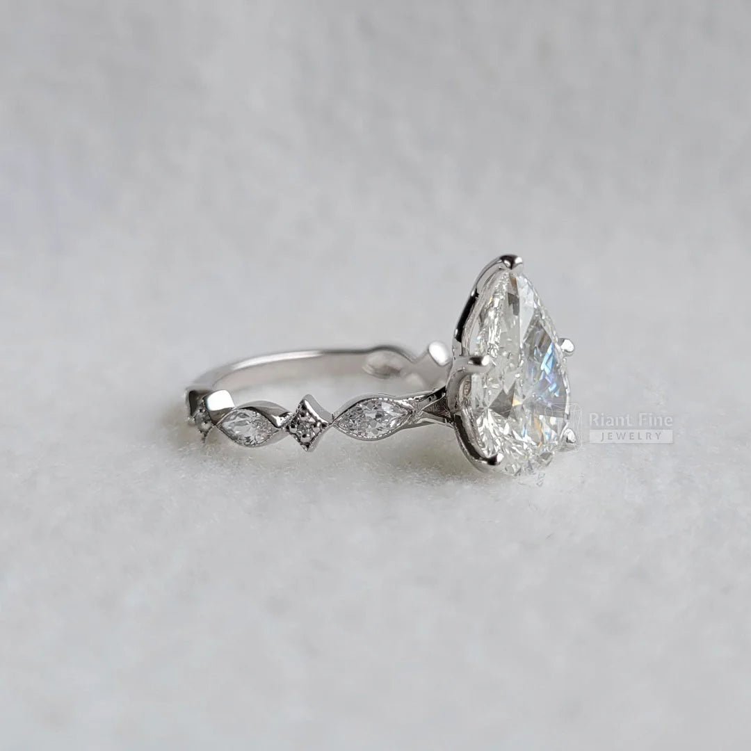 3 Carat Pear Cut Lab Diamond Unique Engagement Ring - Riant Fine Jewelry LLC