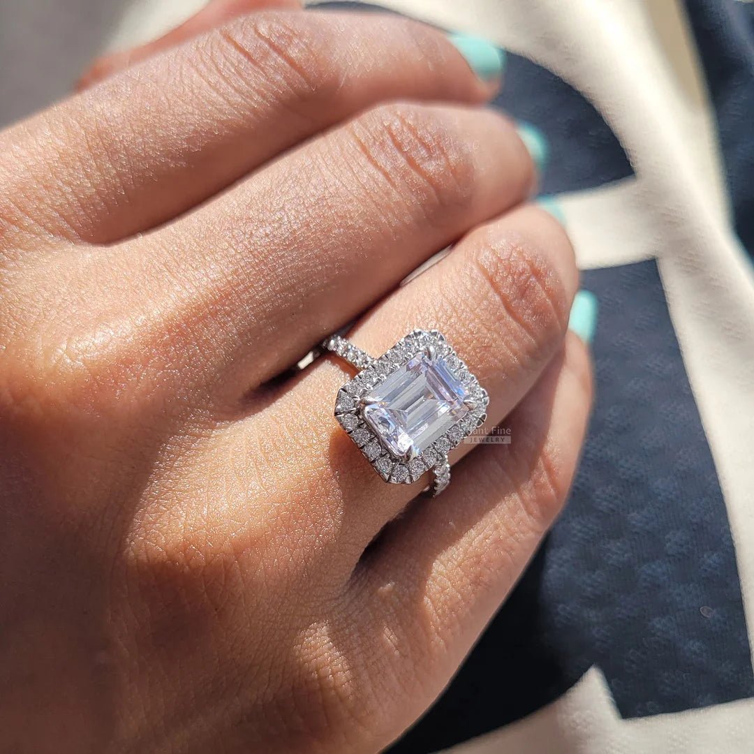 3 Ct Emerald Diamond White Gold Halo Engagement Ring - Riant Fine Jewelry LLC