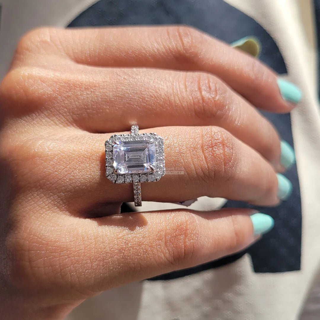 3 Ct Emerald Diamond White Gold Halo Engagement Ring - Riant Fine Jewelry LLC