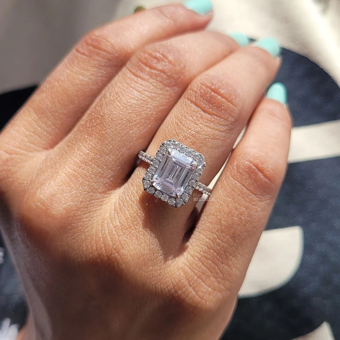 3 Ct Emerald Diamond White Gold Halo Engagement Ring - Riant Fine Jewelry LLC
