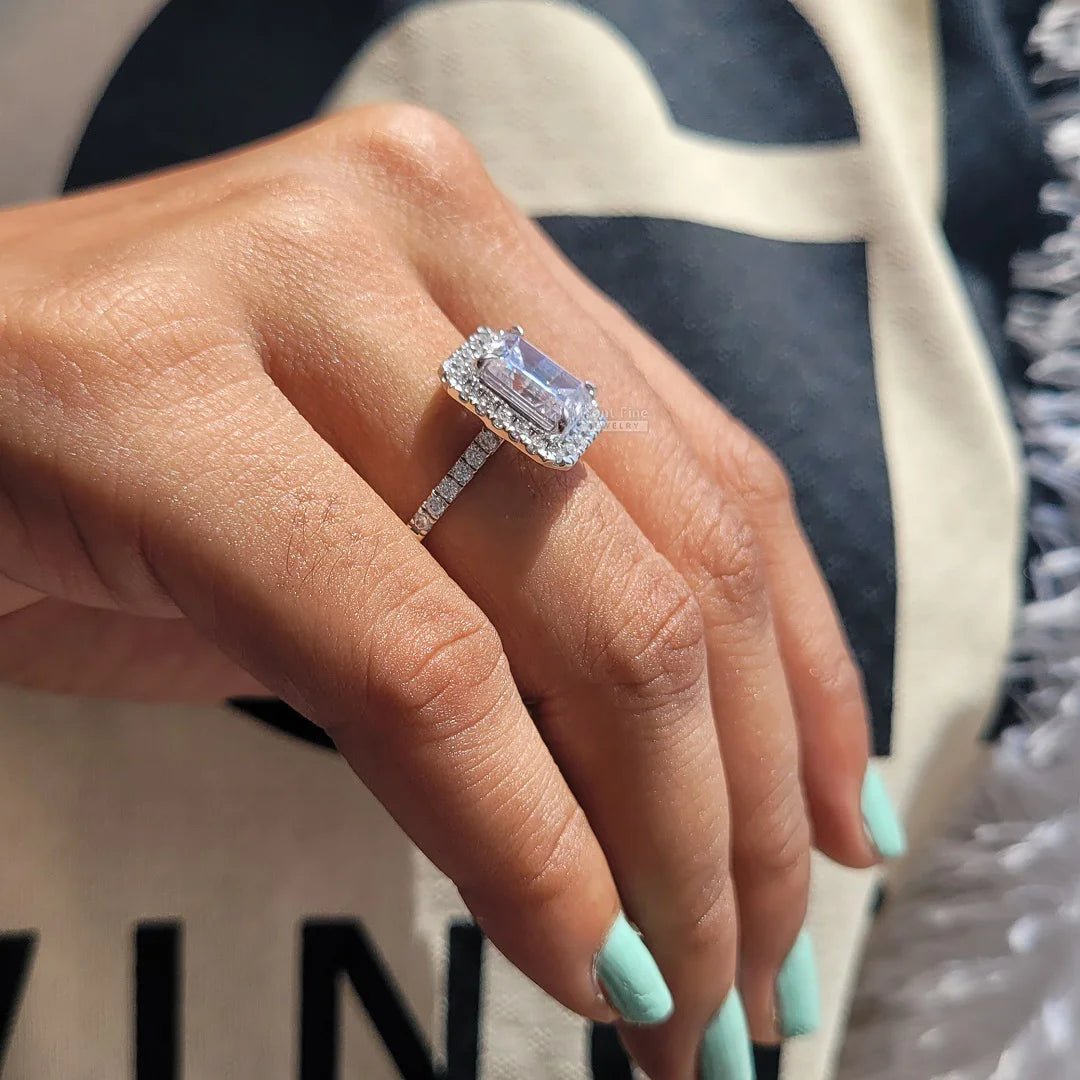 3 Ct Emerald Diamond White Gold Halo Engagement Ring - Riant Fine Jewelry LLC