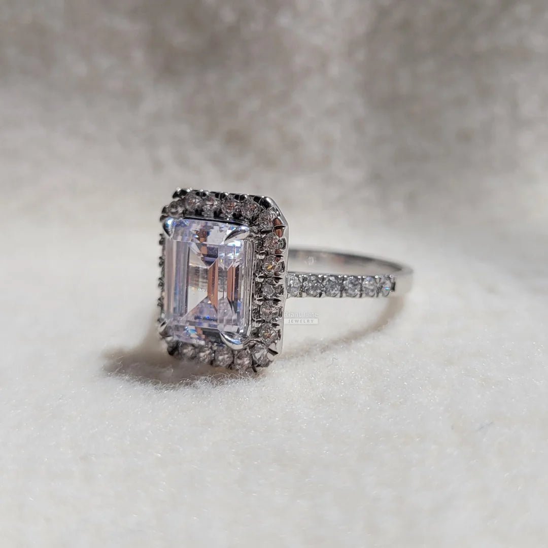 3 Ct Emerald Diamond White Gold Halo Engagement Ring - Riant Fine Jewelry LLC