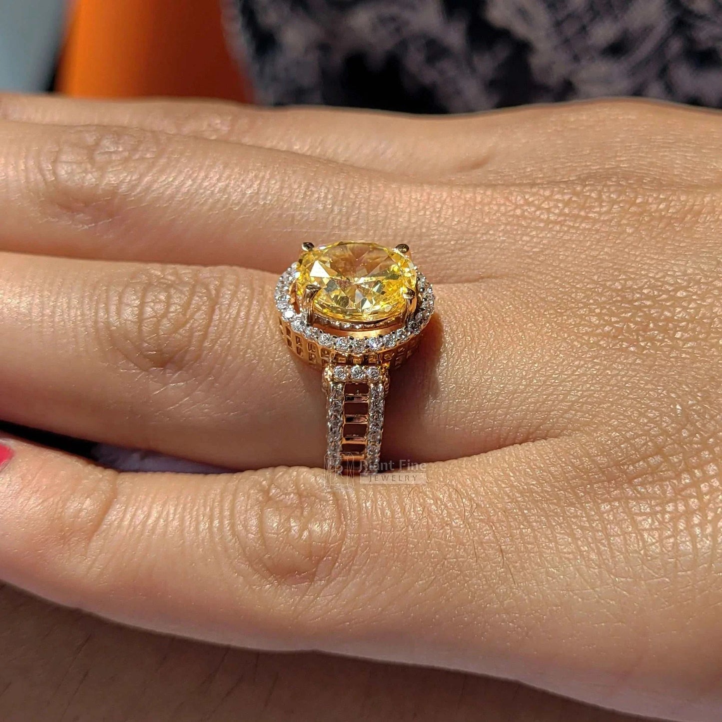 3 Ct Fancy Yellow Oval Moissanite Halo Ring in Gold - Riant Fine Jewelry LLC