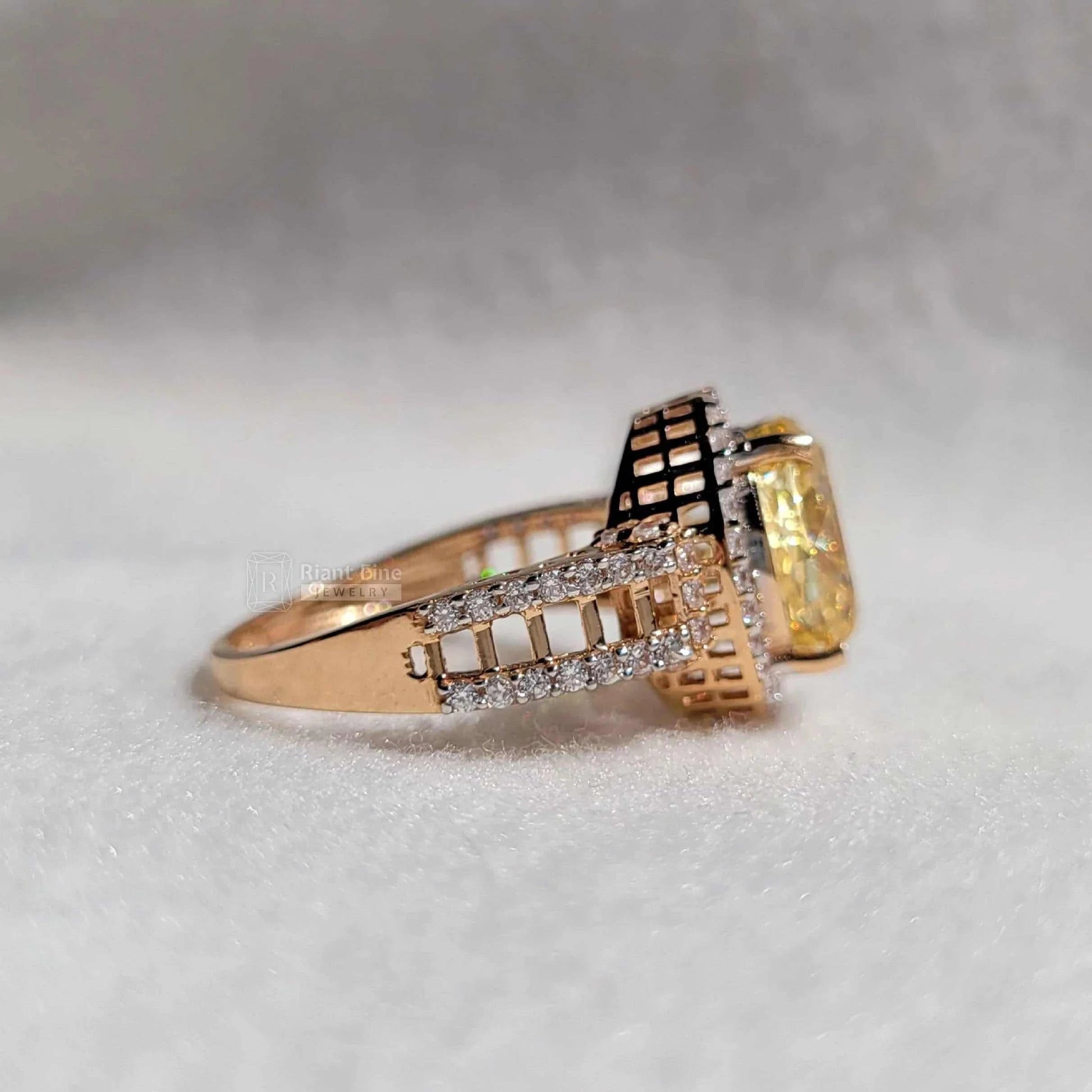 3 Ct Fancy Yellow Oval Moissanite Halo Ring in Gold - Riant Fine Jewelry LLC