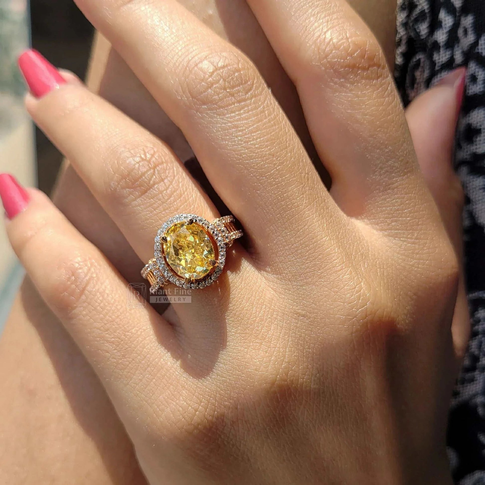 3 Ct Fancy Yellow Oval Moissanite Halo Ring in Gold - Riant Fine Jewelry LLC