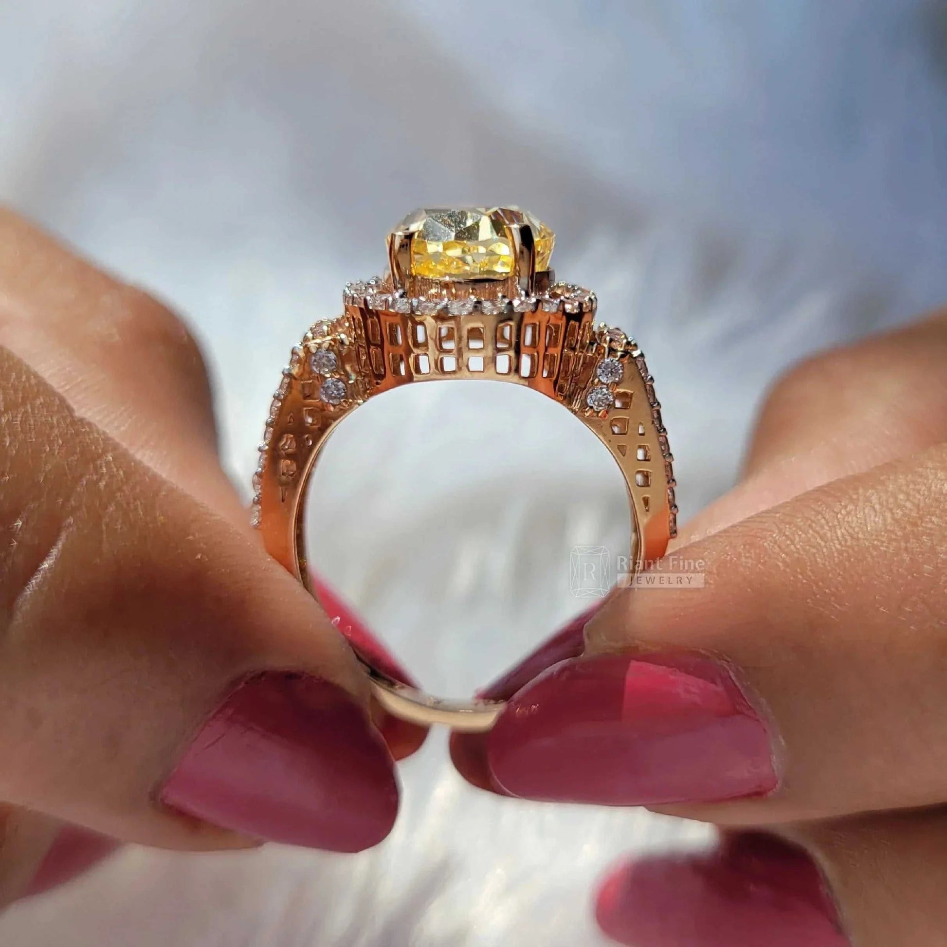 3 Ct Fancy Yellow Oval Moissanite Halo Ring in Gold - Riant Fine Jewelry LLC