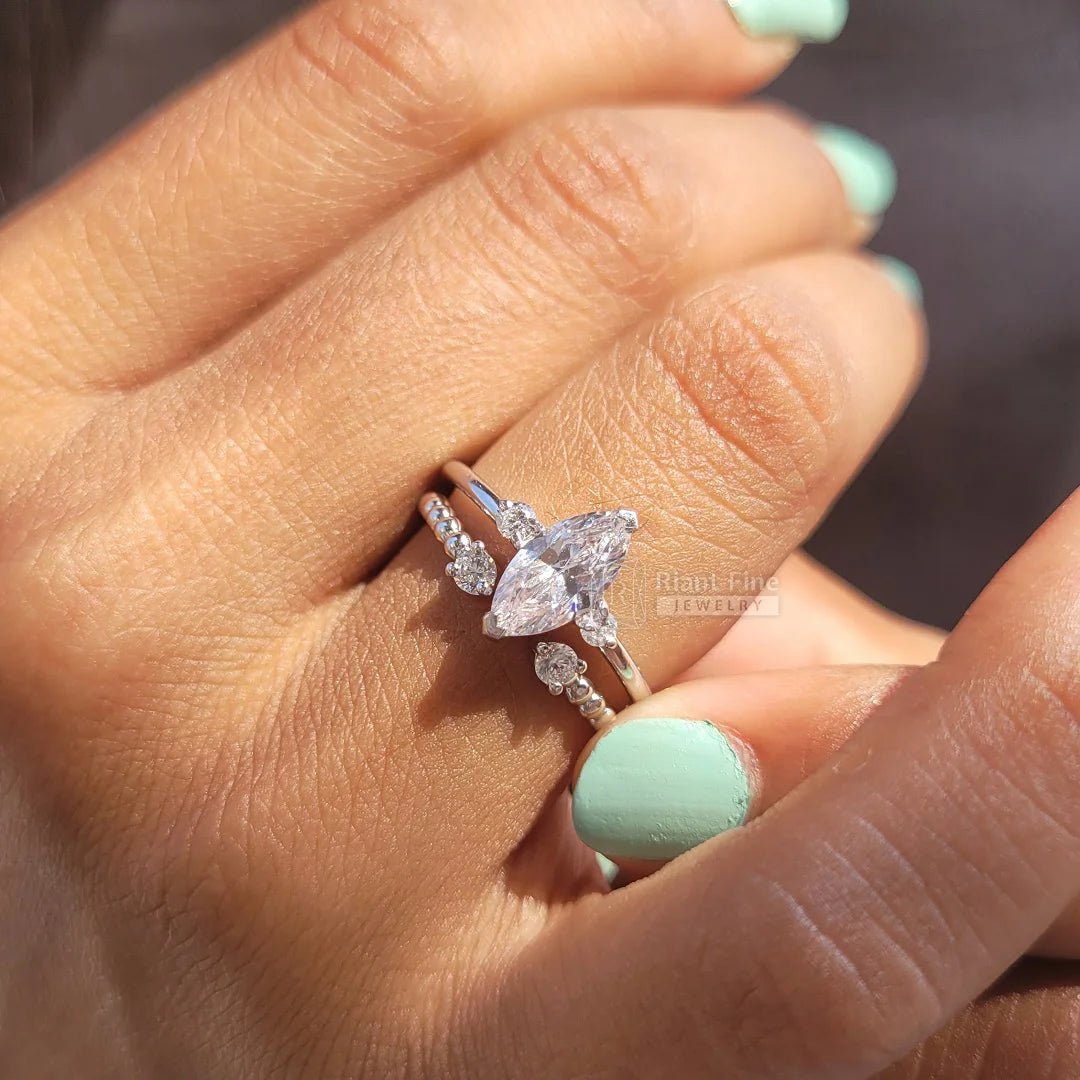 3 Diamond Marquise Cut Engagement Ring In 14K Gold - Riant Fine Jewelry