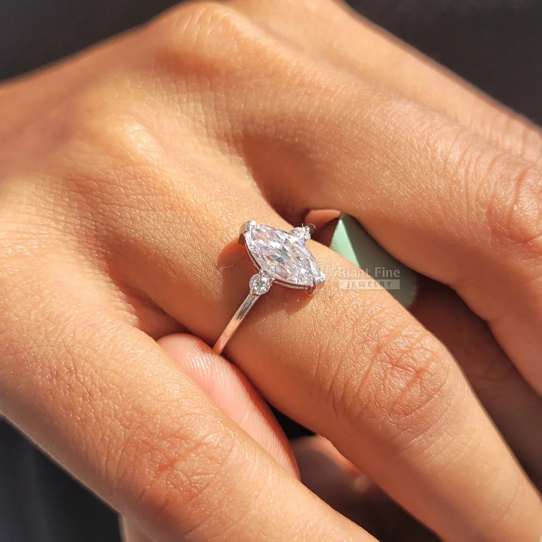 3 Diamond Marquise Cut Engagement Ring In 14K Gold - Riant Fine Jewelry