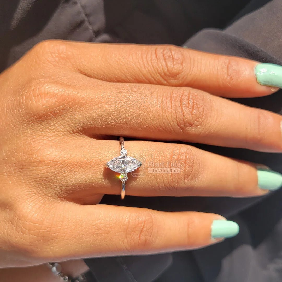 3 Diamond Marquise Cut Engagement Ring In 14K Gold - Riant Fine Jewelry