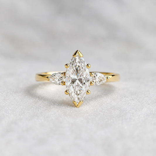 3 Diamond Marquise Engagement Ring In 14K Gold - Riant Fine Jewelry LLC