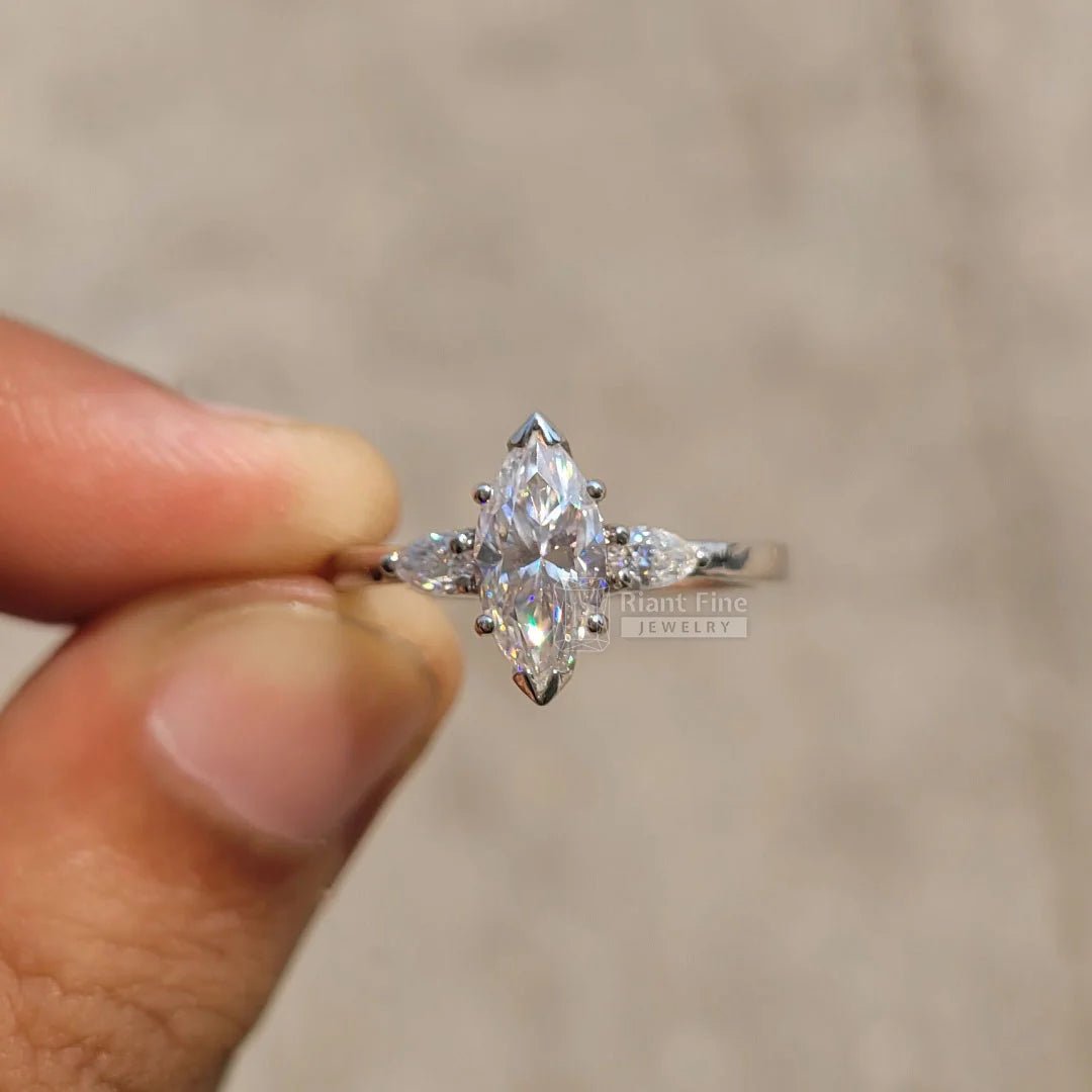 3 Diamond Marquise Engagement Ring In 14K Gold - Riant Fine Jewelry