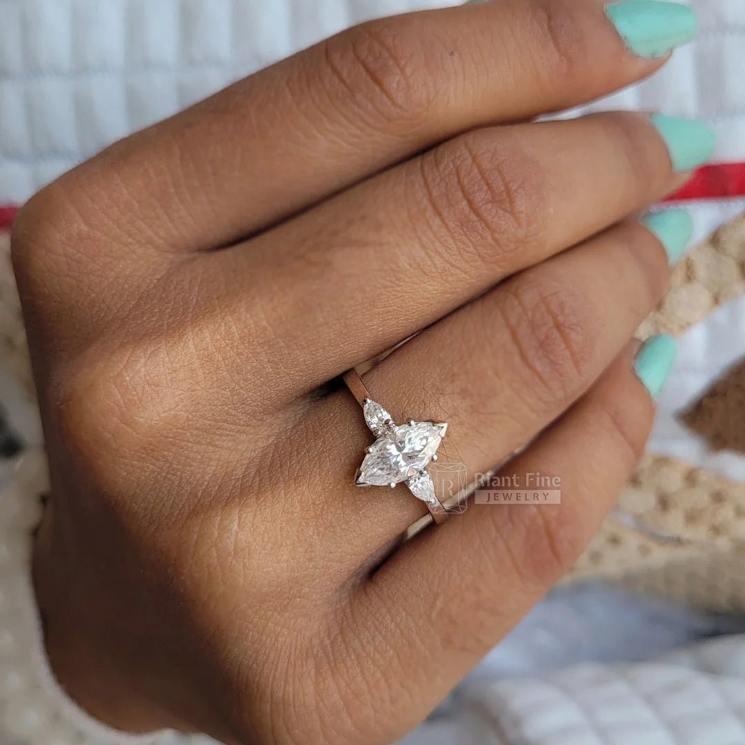3 Diamond Marquise Engagement Ring In 14K Gold - Riant Fine Jewelry