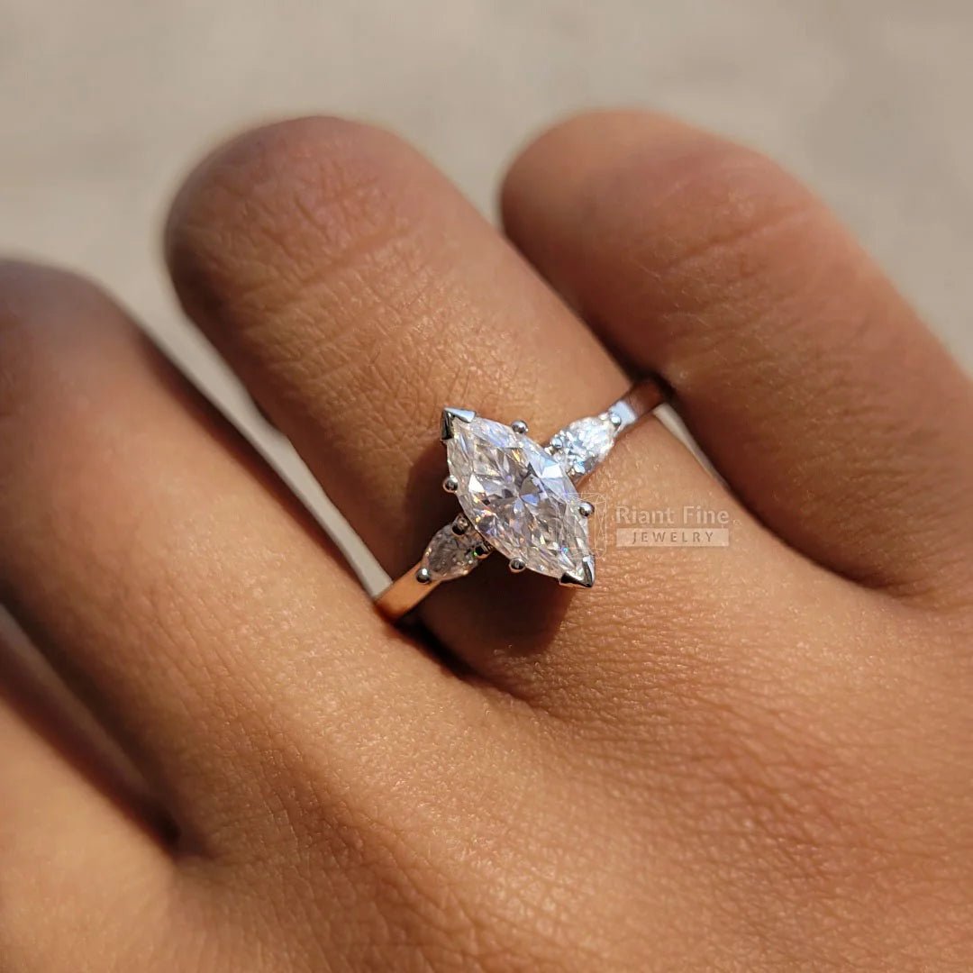 3 Diamond Marquise Engagement Ring In 14K Gold - Riant Fine Jewelry