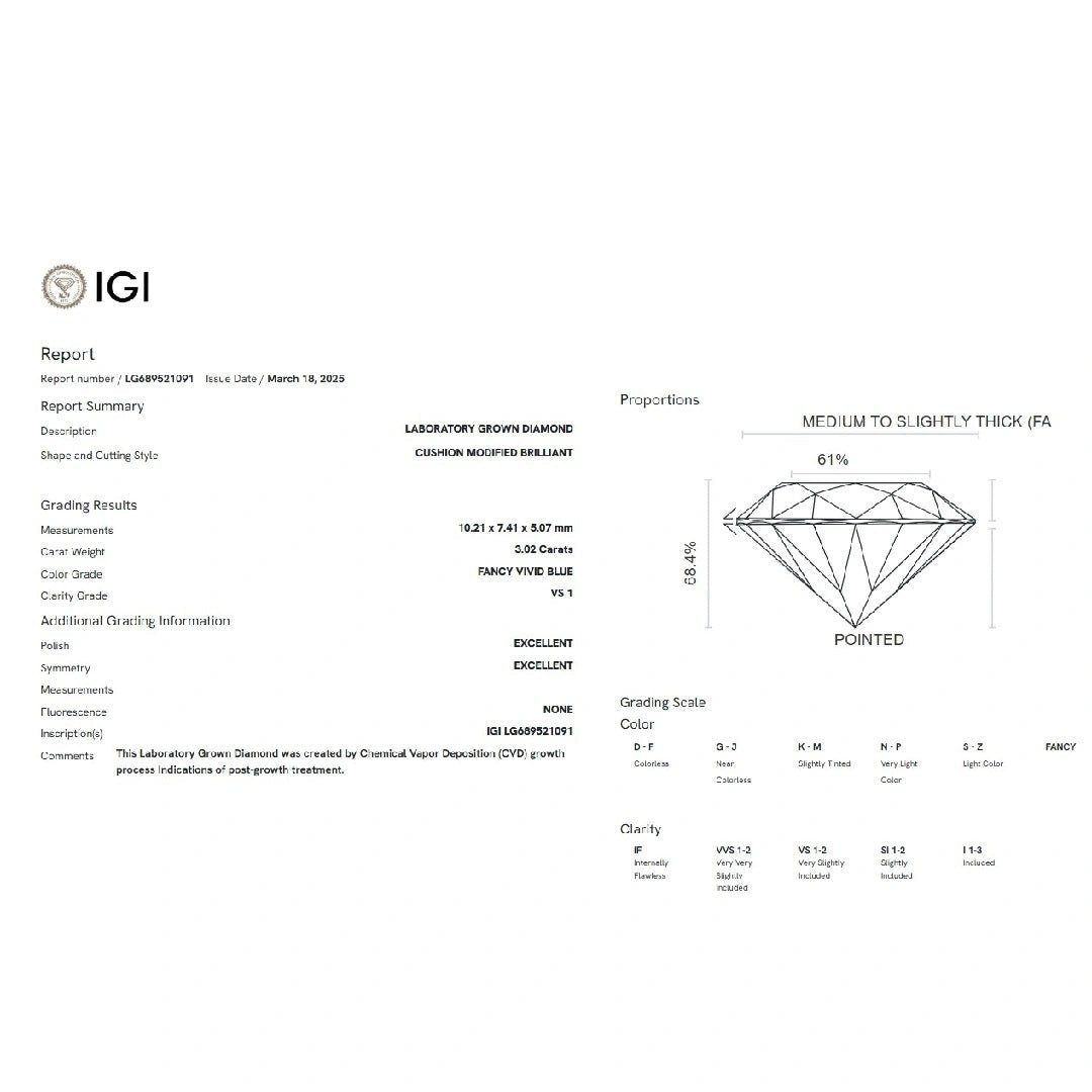 3.02 Ct Fancy Vivid Blue Cushion Lab Grown Diamond - Riant Fine Jewelry