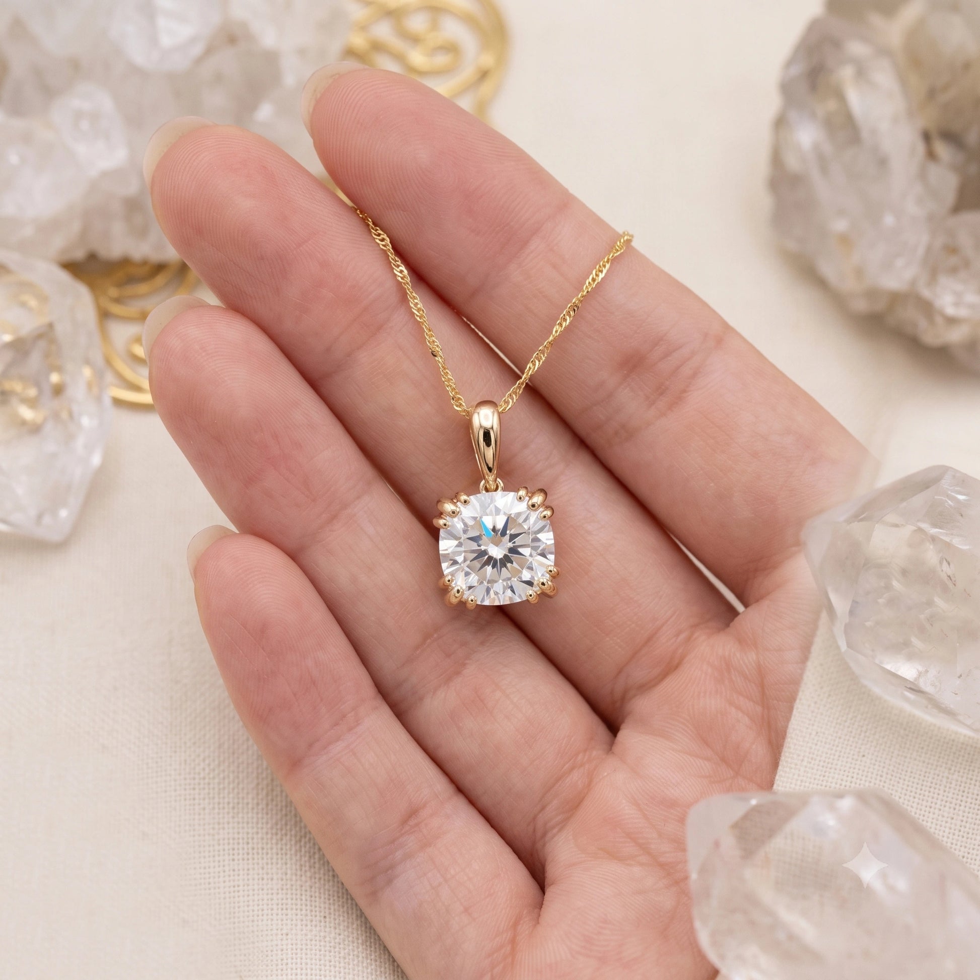 Rear view of 18k gold cushion moissanite pendant setting showing under gallery detail