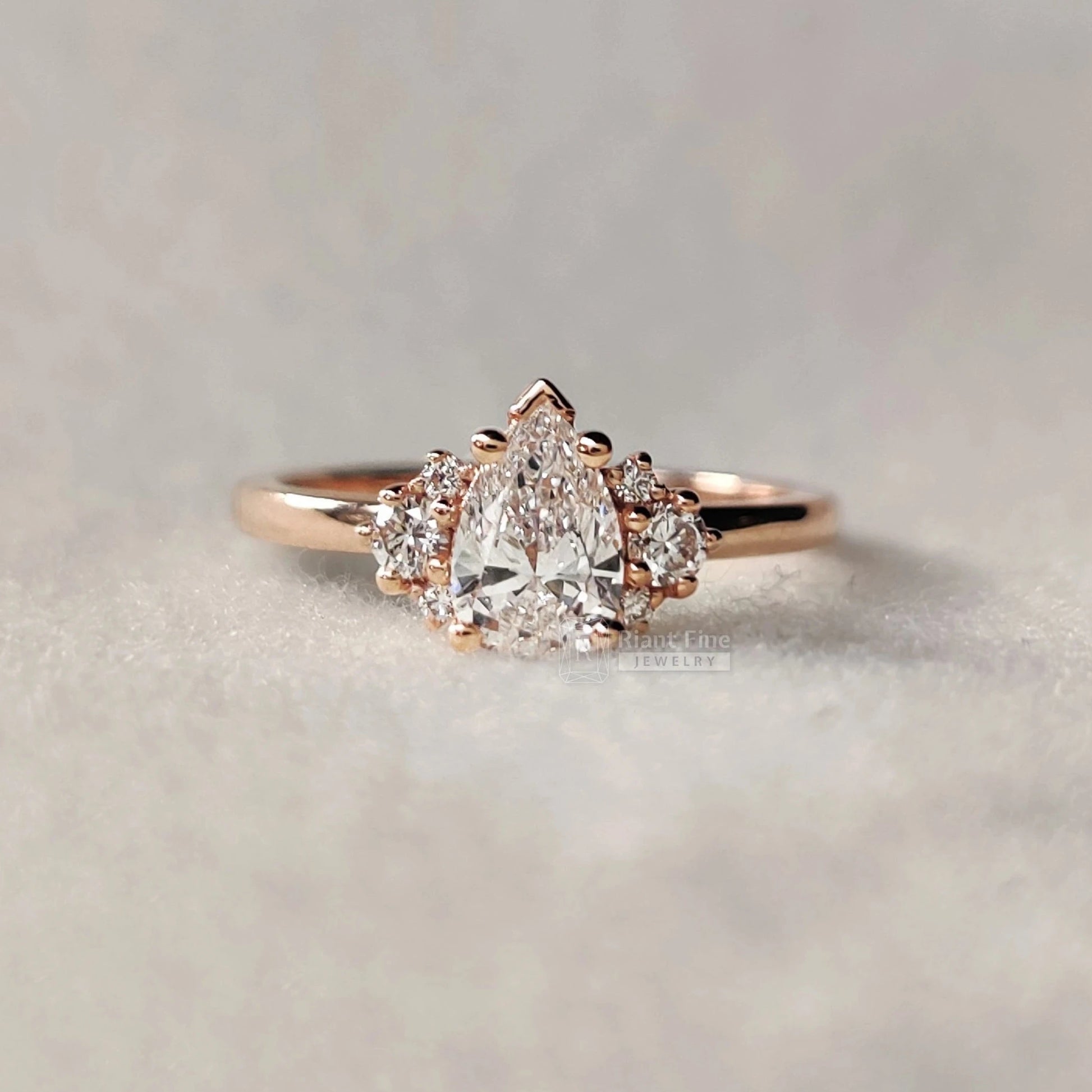 Riant Fine Jewelry : three stone engagement rings for women, 1 carat pear cut lab grown diamond rings, 14k rose gold diamond rings, lab diamond rings