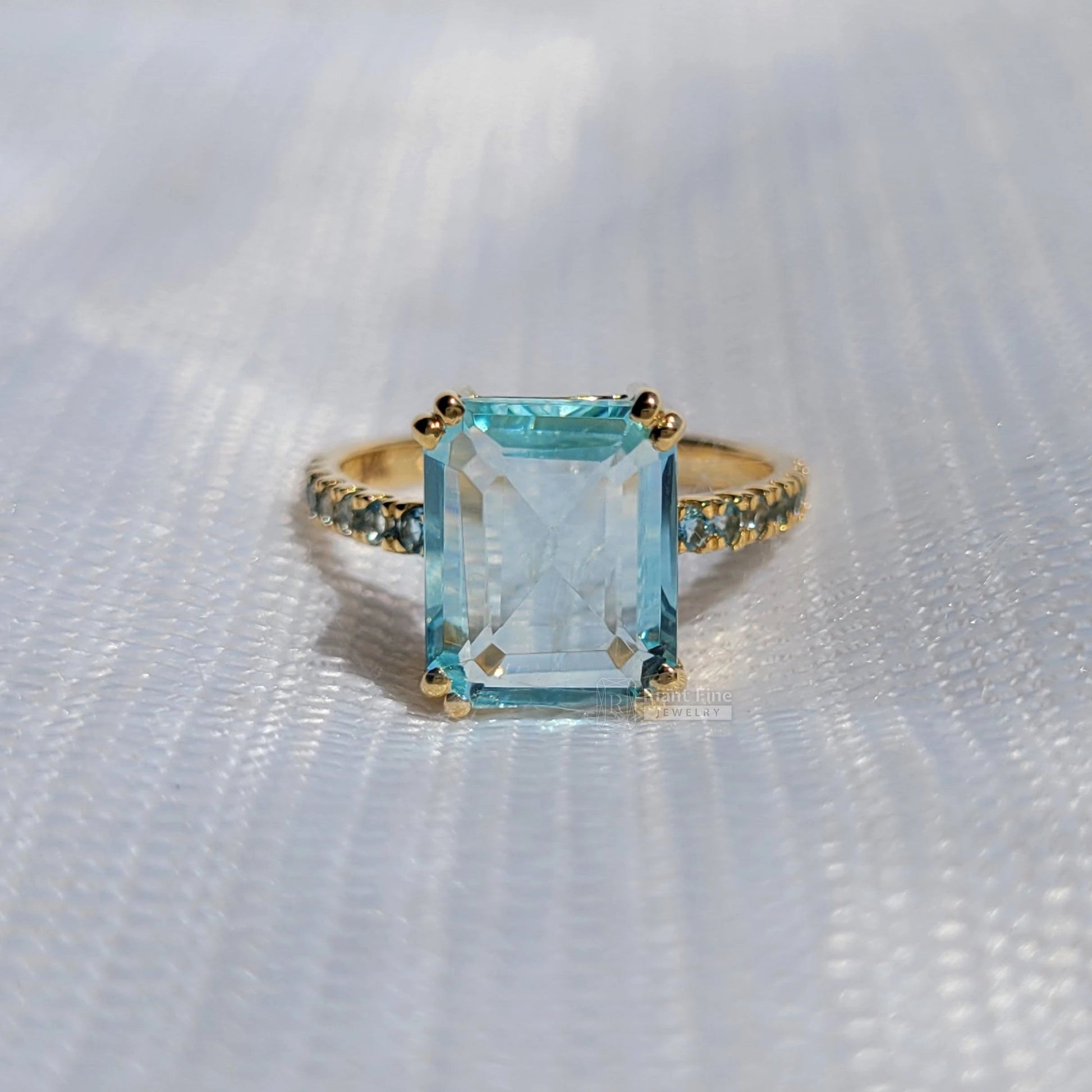 4 Carat Emerald Cut Natural Aquamarine Pave Set Wedding Ring - Riant Fine Jewelry LLC