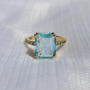 4 Carat Emerald Cut Natural Aquamarine Pave Set Wedding Ring
