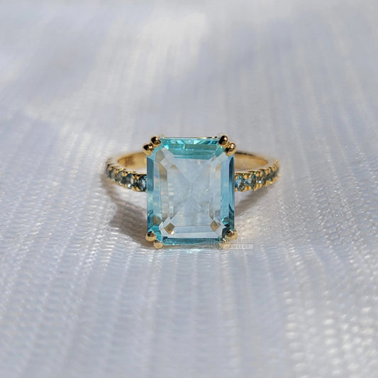 4 Carat Emerald Cut Natural Aquamarine Pave Set Wedding Ring - Riant Fine Jewelry LLC