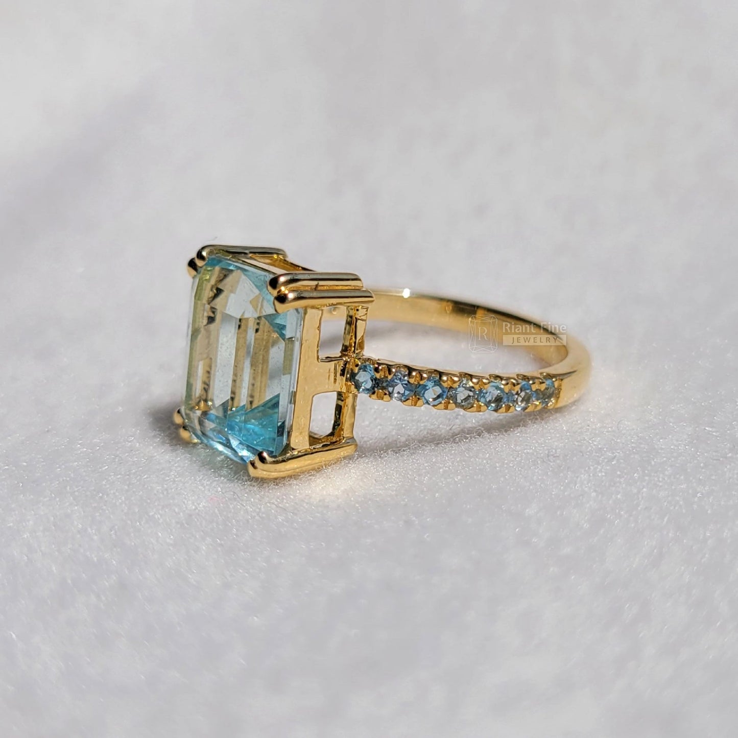 4 Carat Emerald Cut Natural Aquamarine Pave Set Wedding Ring - Riant Fine Jewelry LLC