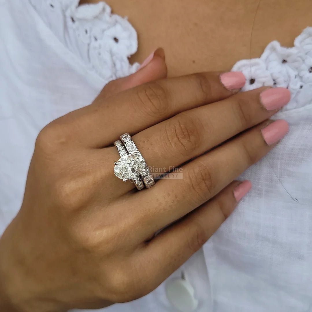 4 Ct Oval Moissanite Diamond Wedding Ring Set In 14K Gold - Riant Fine Jewelry LLC