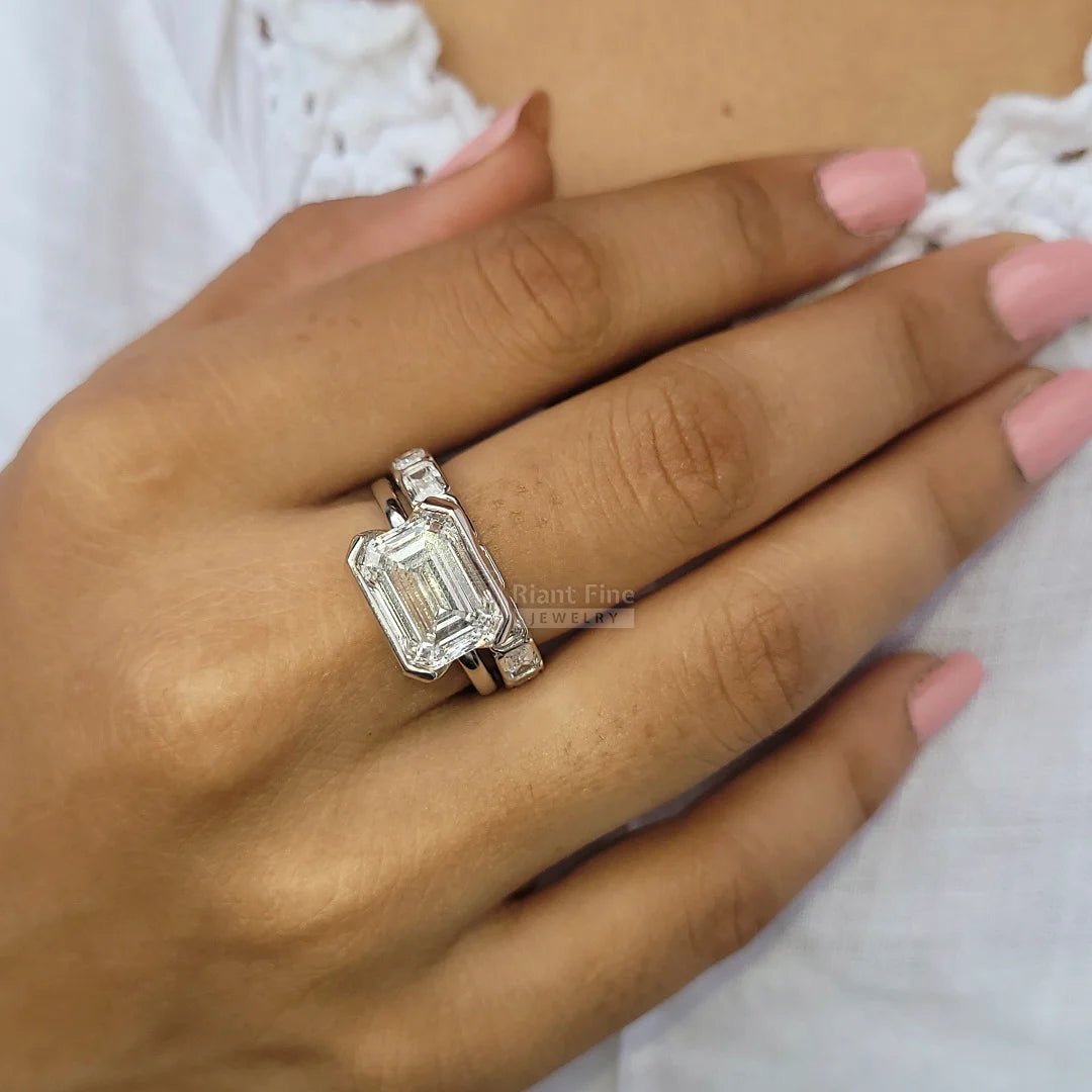 5 Carat East West Emerald Moissanite Wedding Ring Set - Riant Fine Jewelry