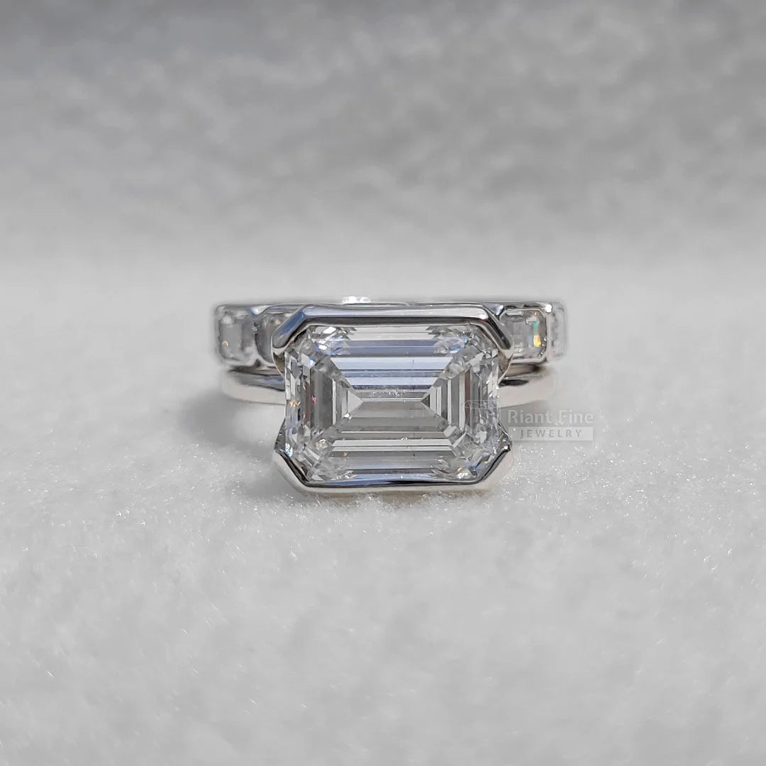 5 Carat East West Emerald Moissanite Wedding Ring Set - Riant Fine Jewelry