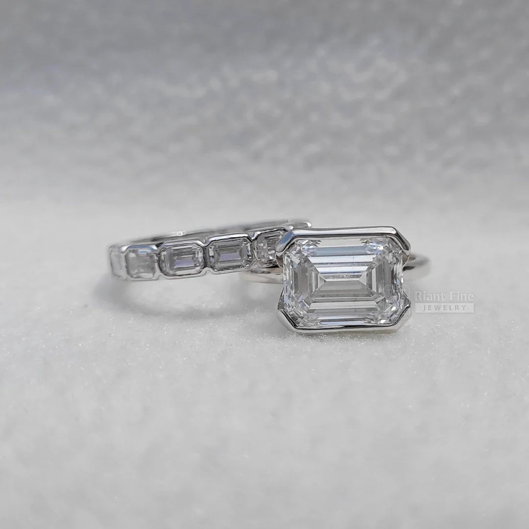 5 Carat East West Emerald Moissanite Wedding Ring Set - Riant Fine Jewelry