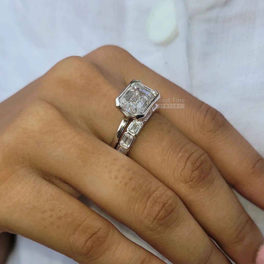 5 Carat East West Emerald Moissanite Wedding Ring Set - Riant Fine Jewelry