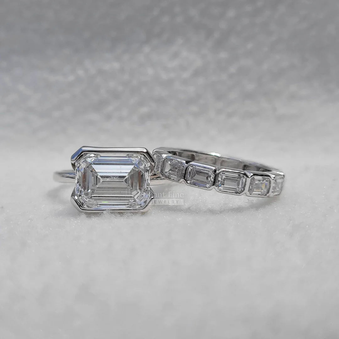5 Carat East West Emerald Moissanite Wedding Ring Set - Riant Fine Jewelry