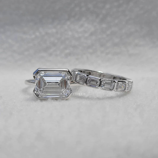 5 Carat East West Emerald Moissanite Wedding Ring Set - Riant Fine Jewelry