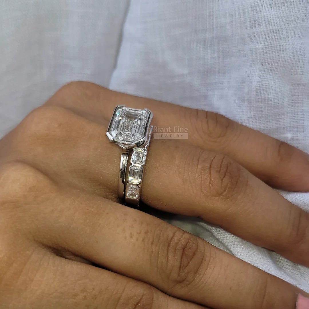 5 Carat East West Emerald Moissanite Wedding Ring Set - Riant Fine Jewelry