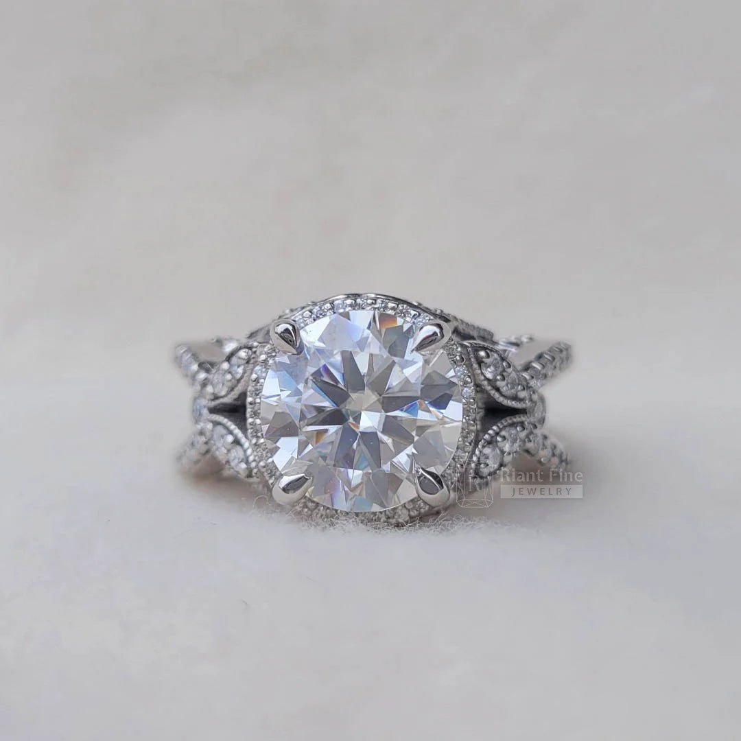 5 Carat Round Moissanite Art Deco Engagement Ring - Riant Fine Jewelry LLC