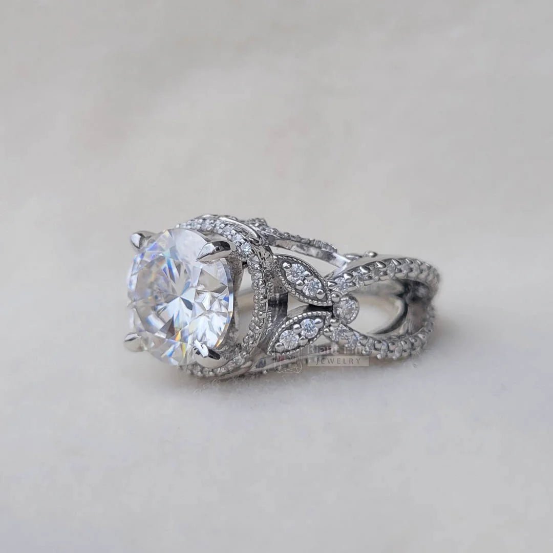 5 Carat Round Moissanite Art Deco Engagement Ring - Riant Fine Jewelry LLC