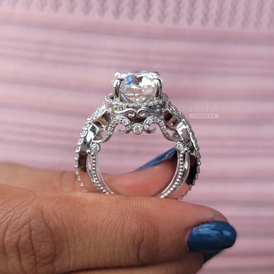 5 Carat Round Moissanite Art Deco Engagement Ring - Riant Fine Jewelry LLC