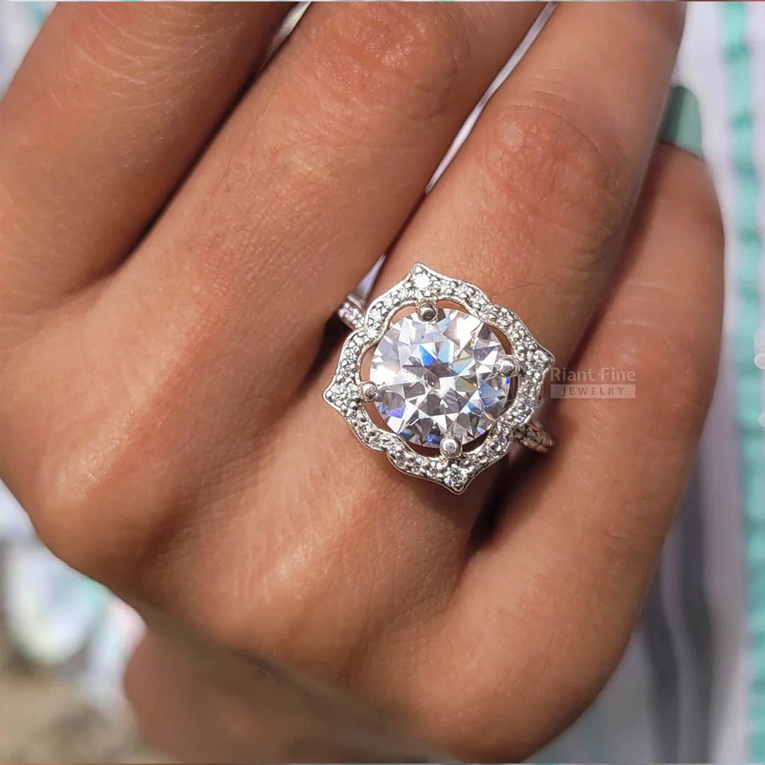 5 Carat Round Moissanite Art Deco Gold Engagement Ring - Riant Fine Jewelry