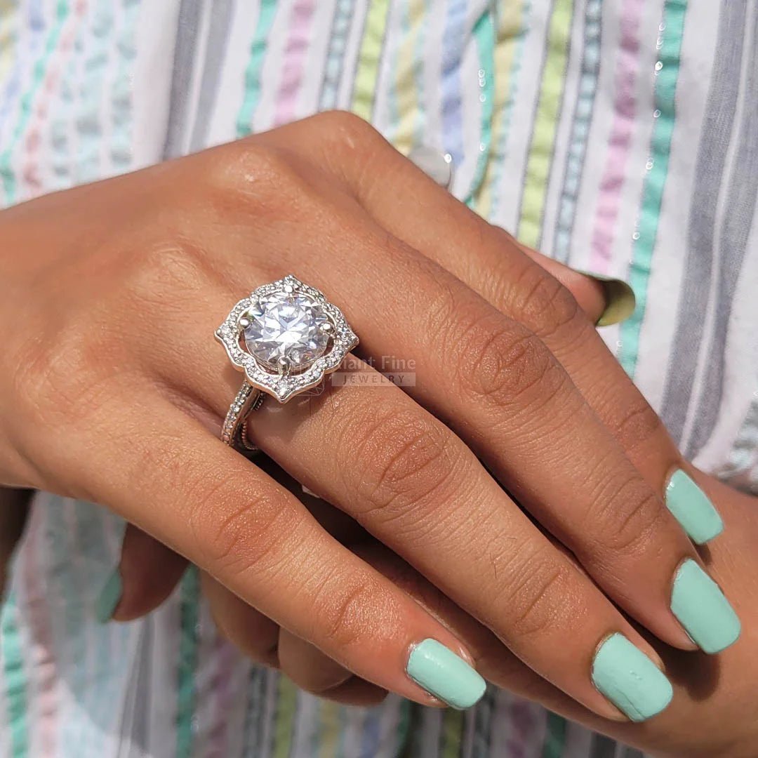 5 Carat Round Moissanite Art Deco Gold Engagement Ring - Riant Fine Jewelry