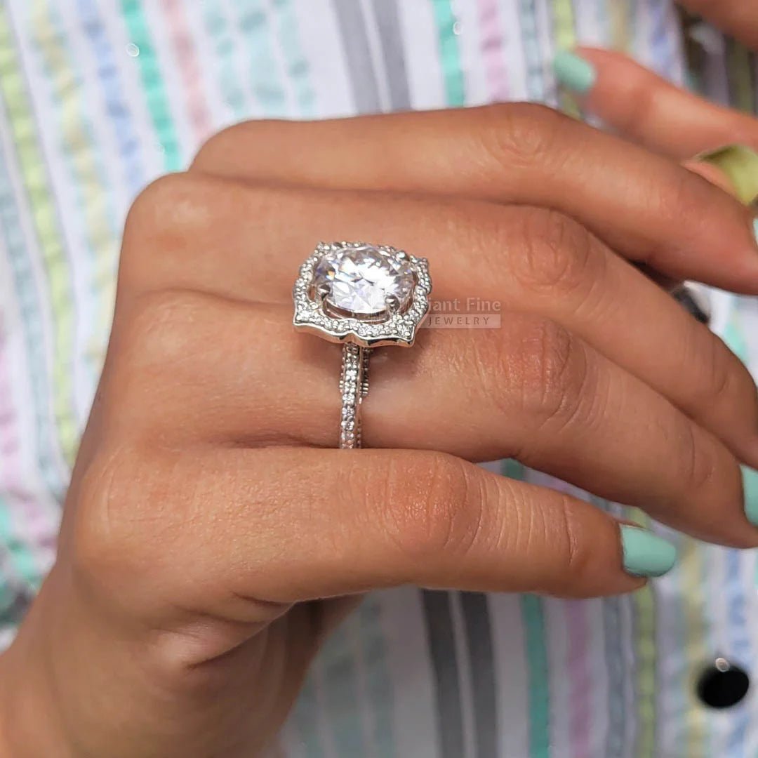 5 Carat Round Moissanite Art Deco Gold Engagement Ring - Riant Fine Jewelry