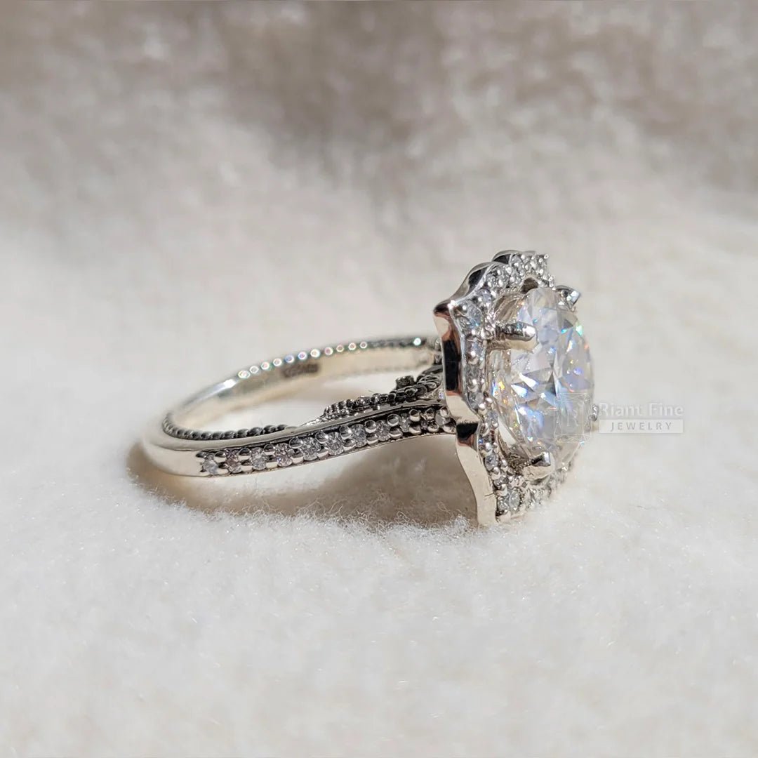 5 Carat Round Moissanite Art Deco Gold Engagement Ring - Riant Fine Jewelry