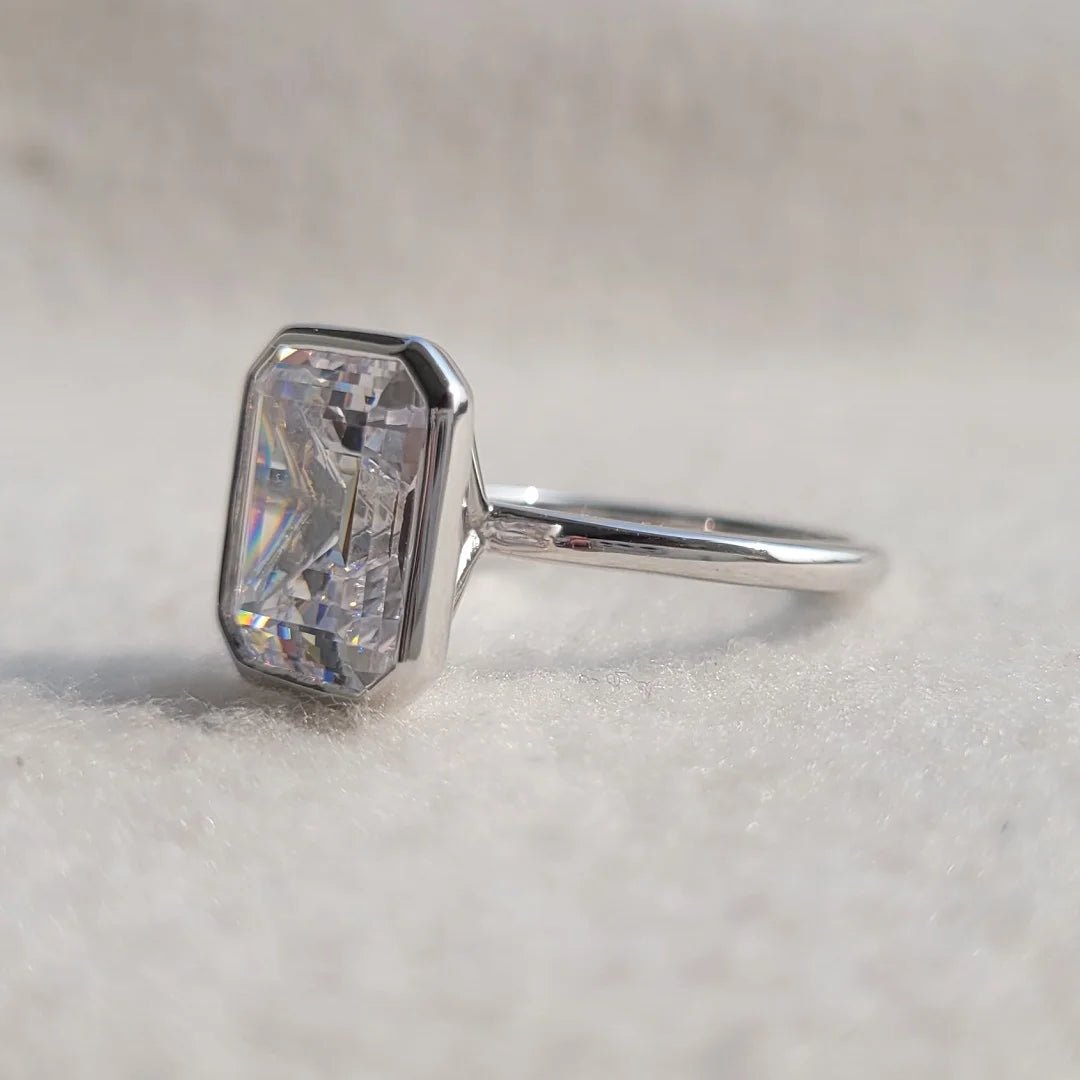 5 Ct Emerald Lab Diamond Gold Bezel Engagement Ring - Riant Fine Jewelry