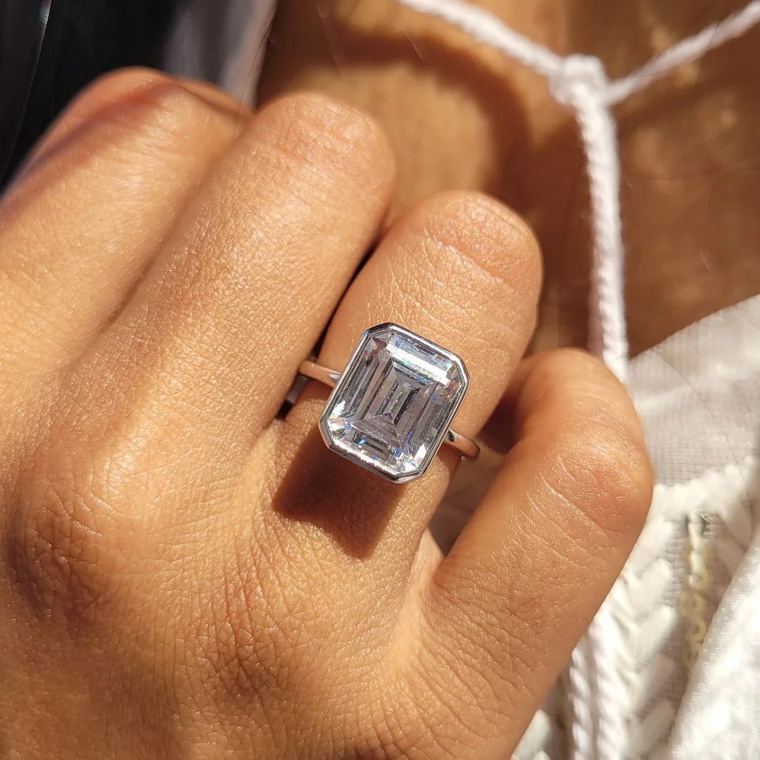 5 Ct Emerald Lab Diamond Gold Bezel Engagement Ring - Riant Fine Jewelry