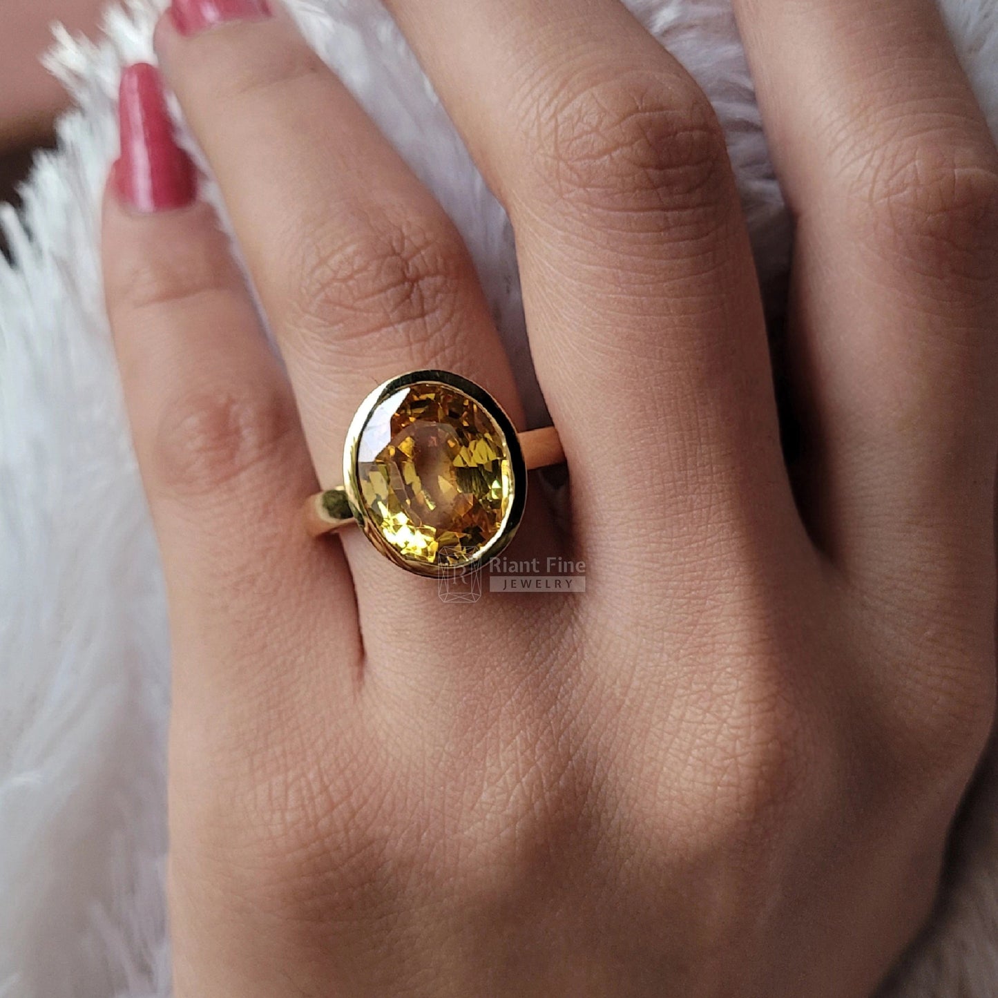 8 Ct Oval Cut Fancy Yellow Sapphire Bezel Engagement Ring - Riant Fine Jewelry LLC