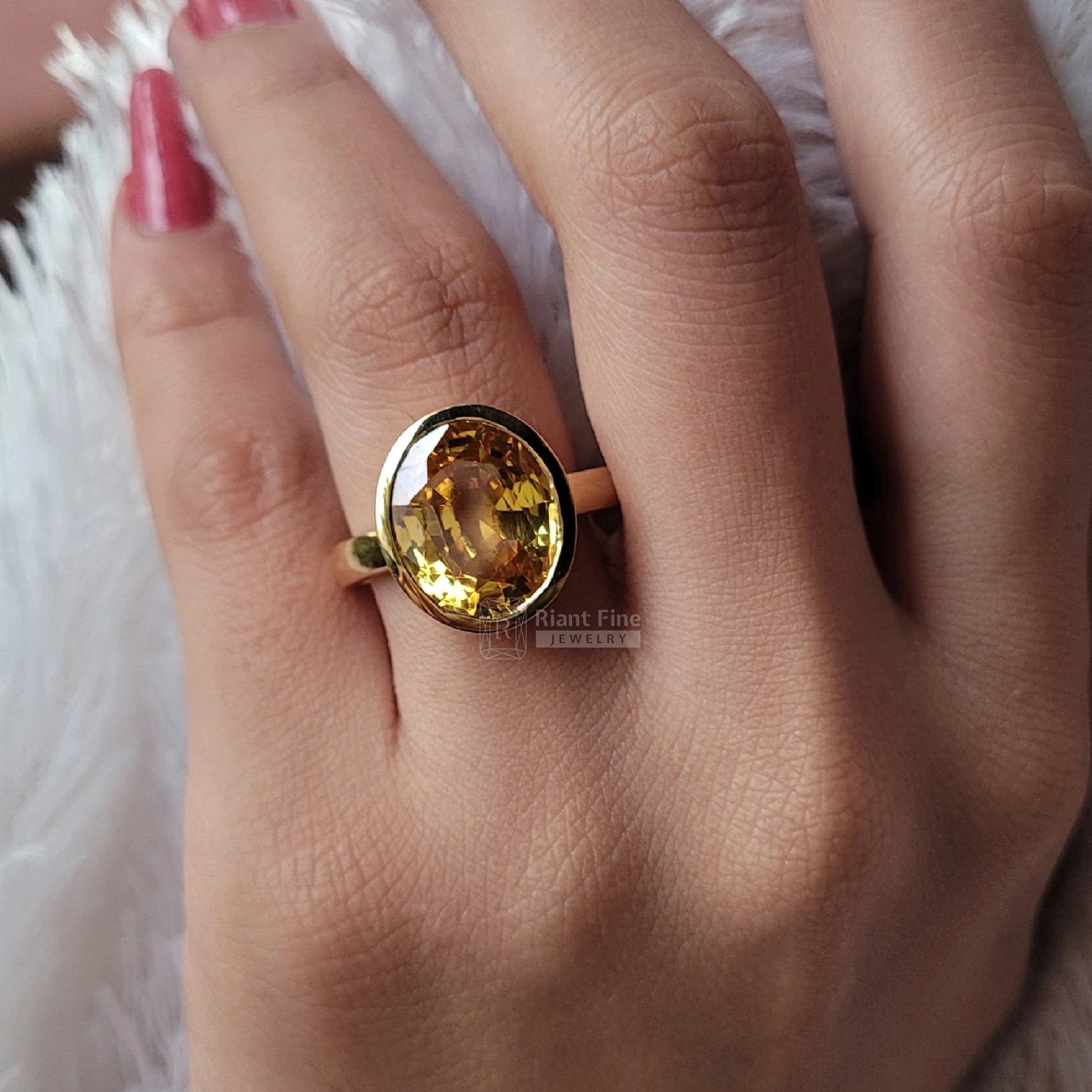 8 Ct Oval Cut Fancy Yellow Sapphire Bezel Engagement Ring - Riant Fine Jewelry LLC