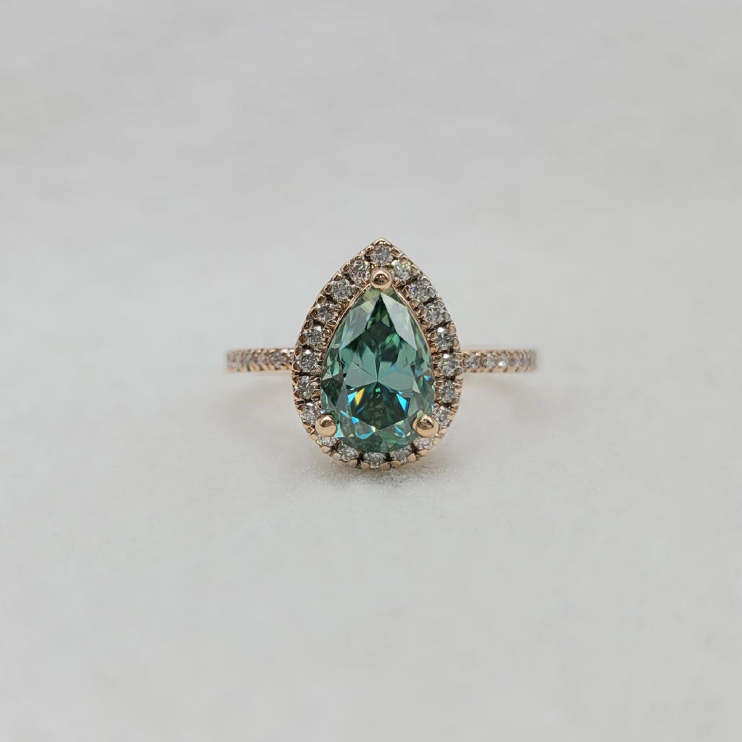 Cyan Blue Pear Cut Moissanite Halo Engagement Ring