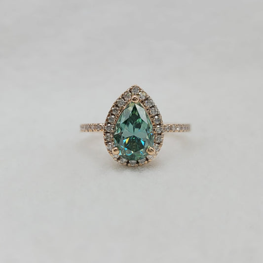 Cyan Blue Pear Cut Moissanite Halo Engagement Ring
