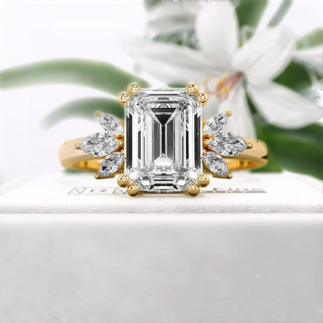 Emerald-Lab-Diamond-Cluster-Engagement-Ring-Gold-Front View