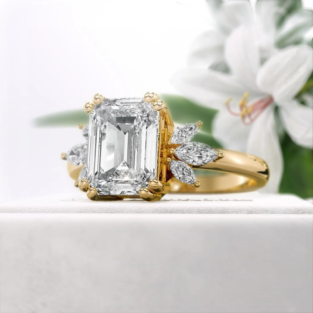Emerald-Lab-Diamond-Cluster-Engagement-Ring-Gold-Side View