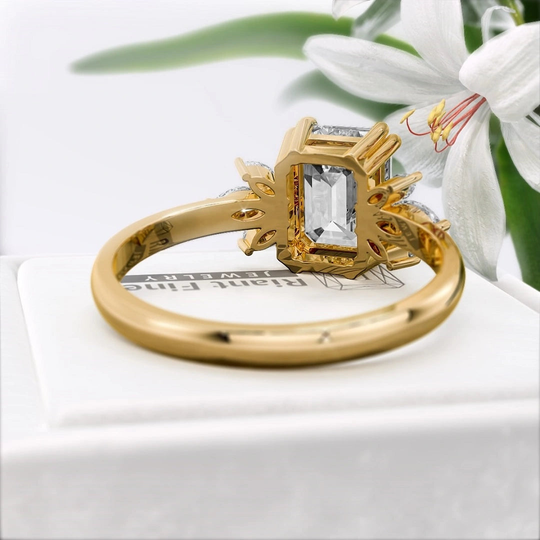 Emerald-Lab-Diamond-Cluster-Engagement-Ring-Gold-Back View